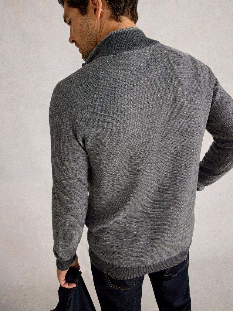 Newport Merino Jacquard Long Sleeve Funnel in GREY MLT - MODEL BACK