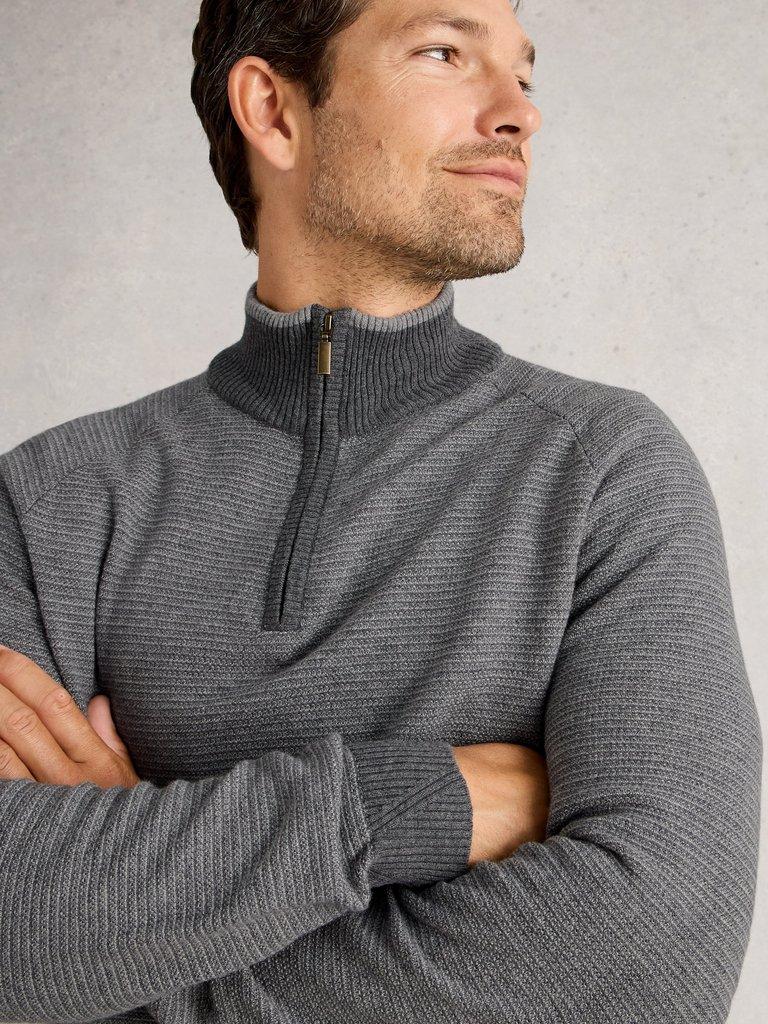 Newport Merino Jacquard Long Sleeve Funnel in GREY MLT - MODEL DETAIL