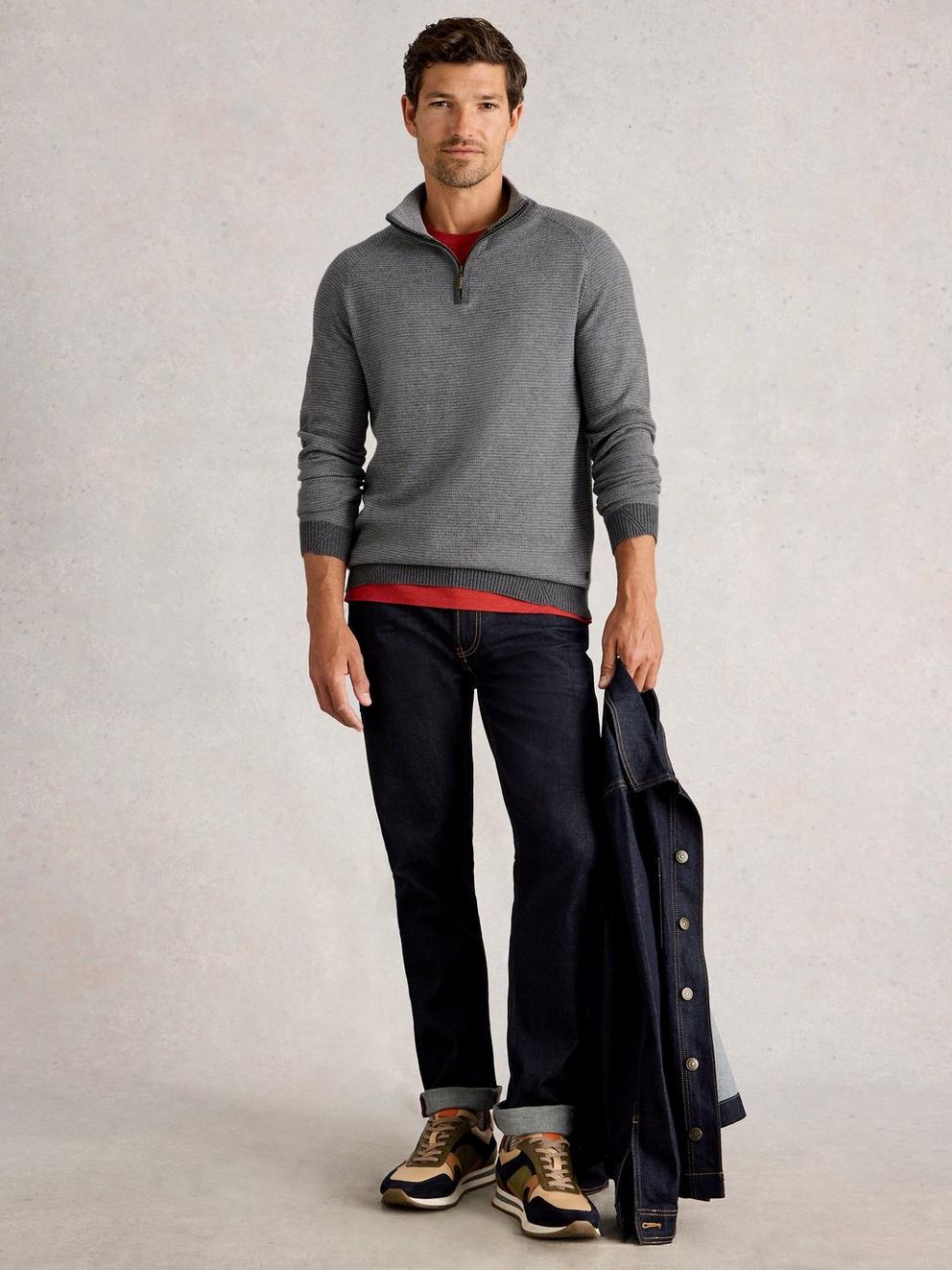 Newport Merino Jacquard Long Sleeve Funnel in GREY MLT - MODEL FRONT