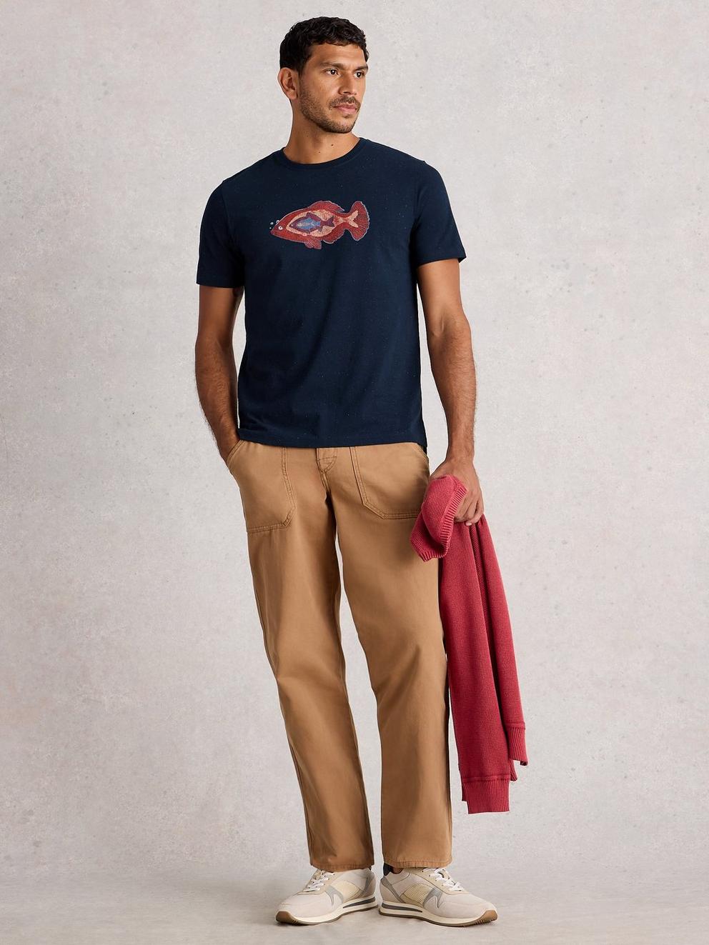 Abersoch Graphic Nep Fish in NAVY PR - MODEL FRONT