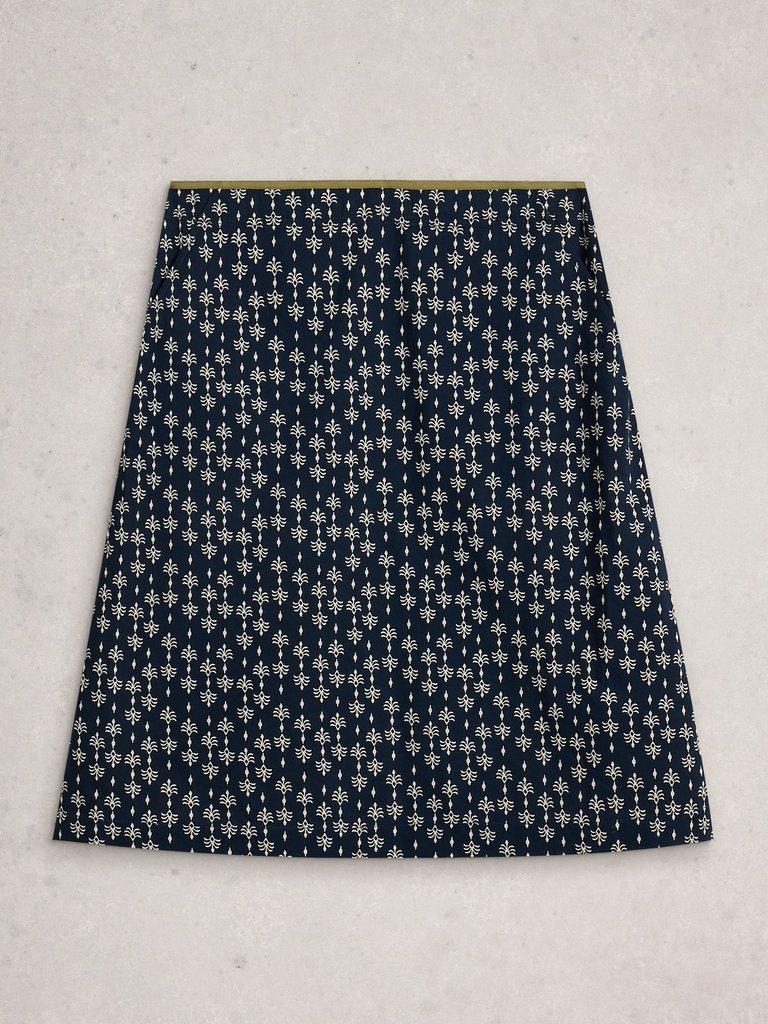 Nell Knee Length Reversible Skirt in NAVY MULTI - FLAT FRONT