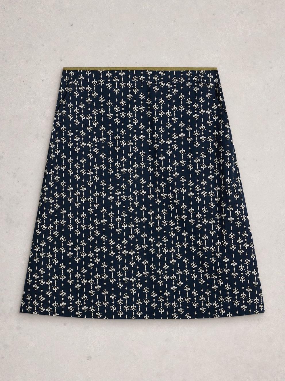 Nell Knee Length Reversible Skirt in NAVY MULTI - FLAT FRONT