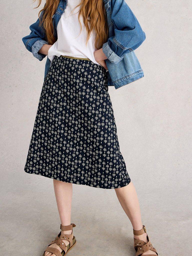 Nell Knee Length Reversible Skirt in NAVY MULTI - MODEL DETAIL