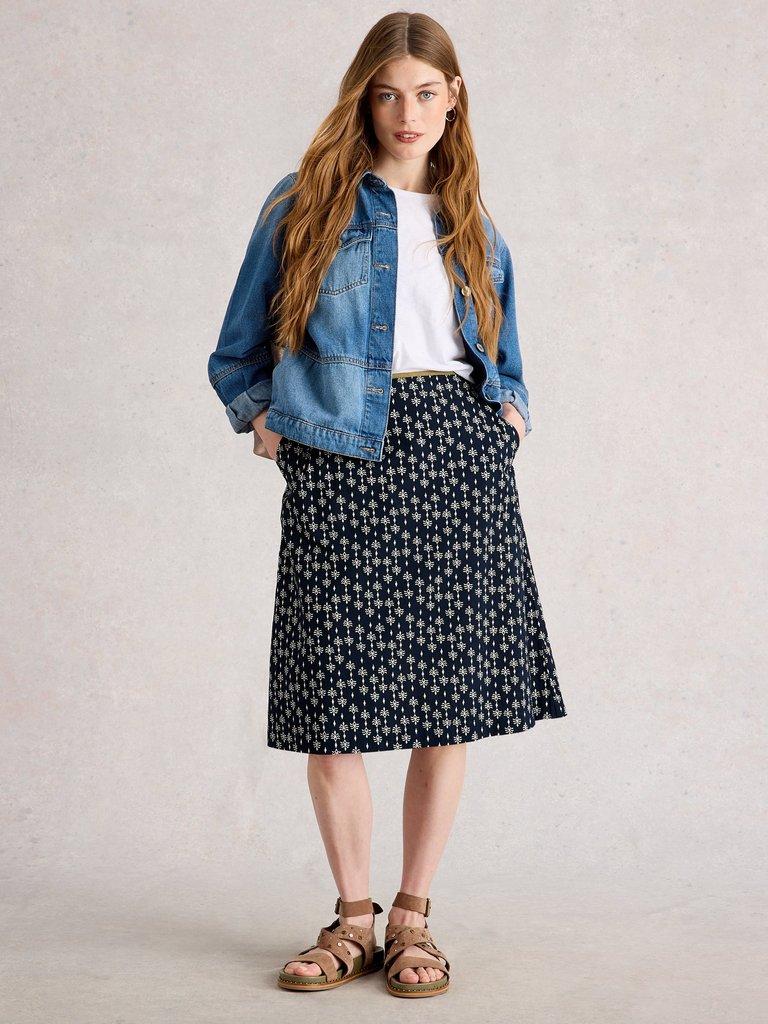 Nell Knee Length Reversible Skirt in NAVY MULTI - MODEL FRONT