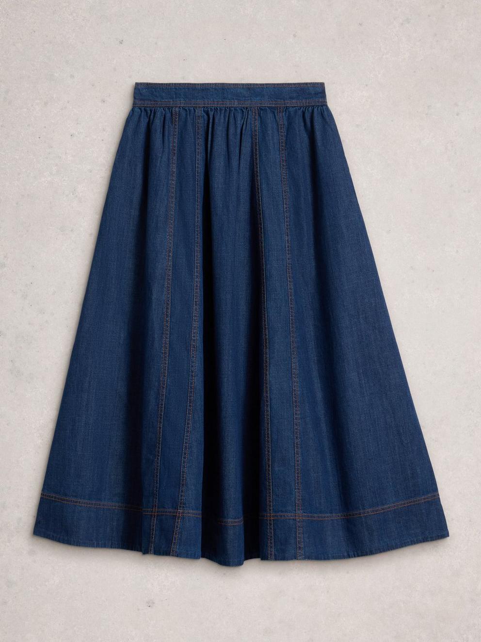 Leo Denim Midi Skirt in DK DENIM - FLAT FRONT