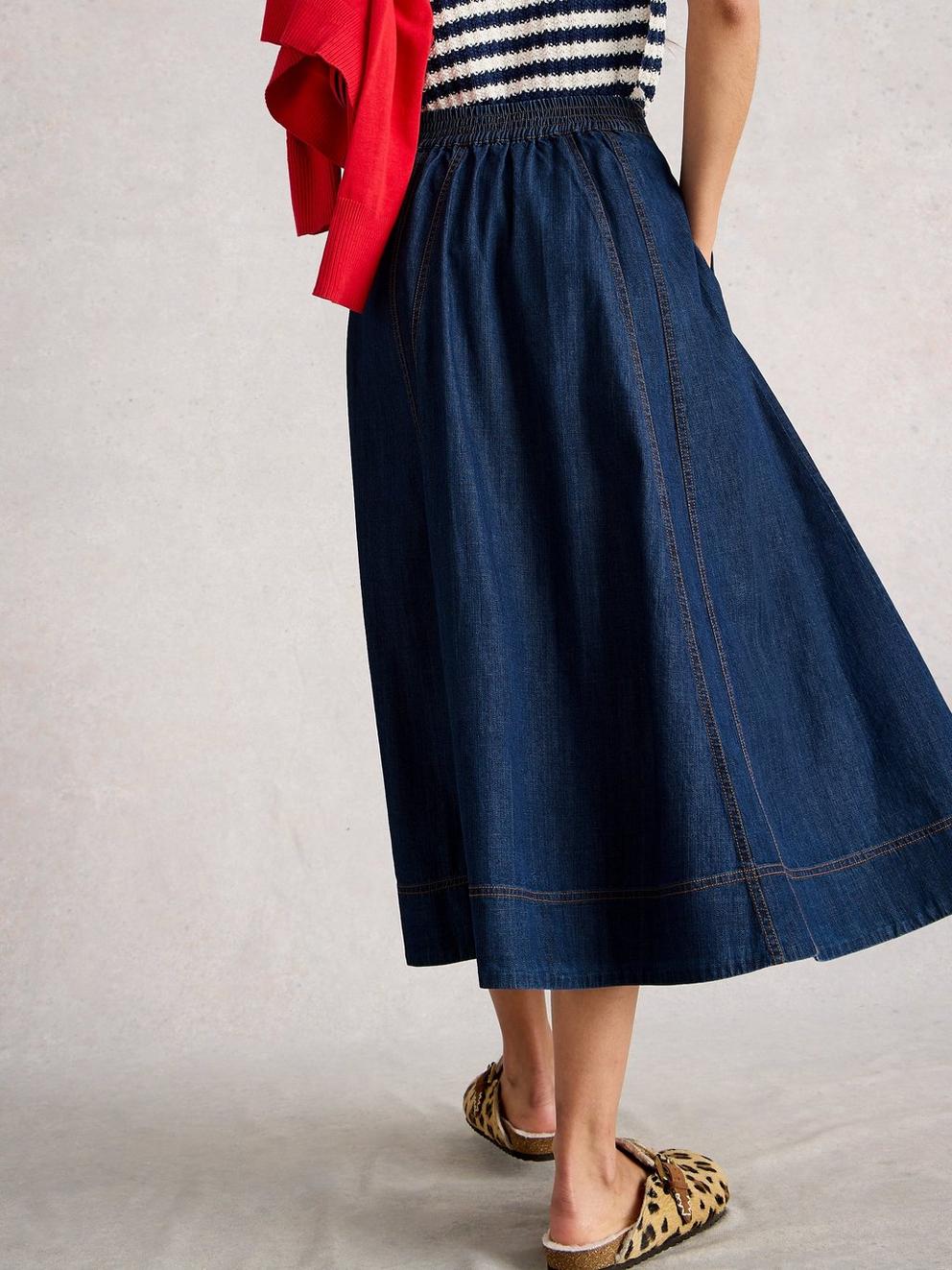 Leo Denim Midi Skirt in DK DENIM - MODEL BACK