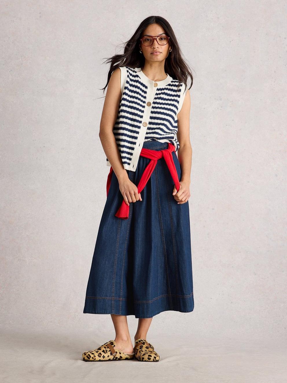Leo Denim Midi Skirt in DK DENIM - MODEL FRONT