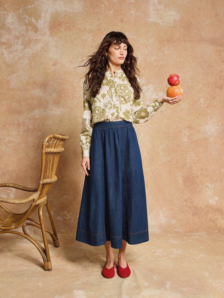 Leo Denim Midi Skirt in DK DENIM - MIXED