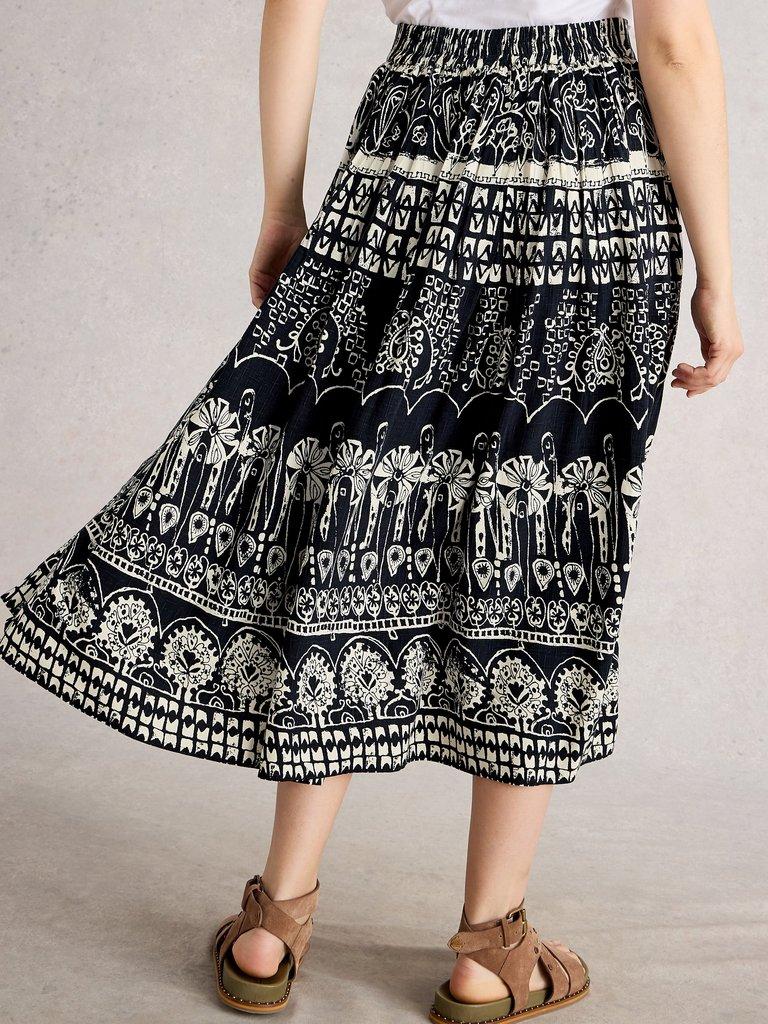Abigail Printed Midi Skirt in NAVY PR - MODEL BACK