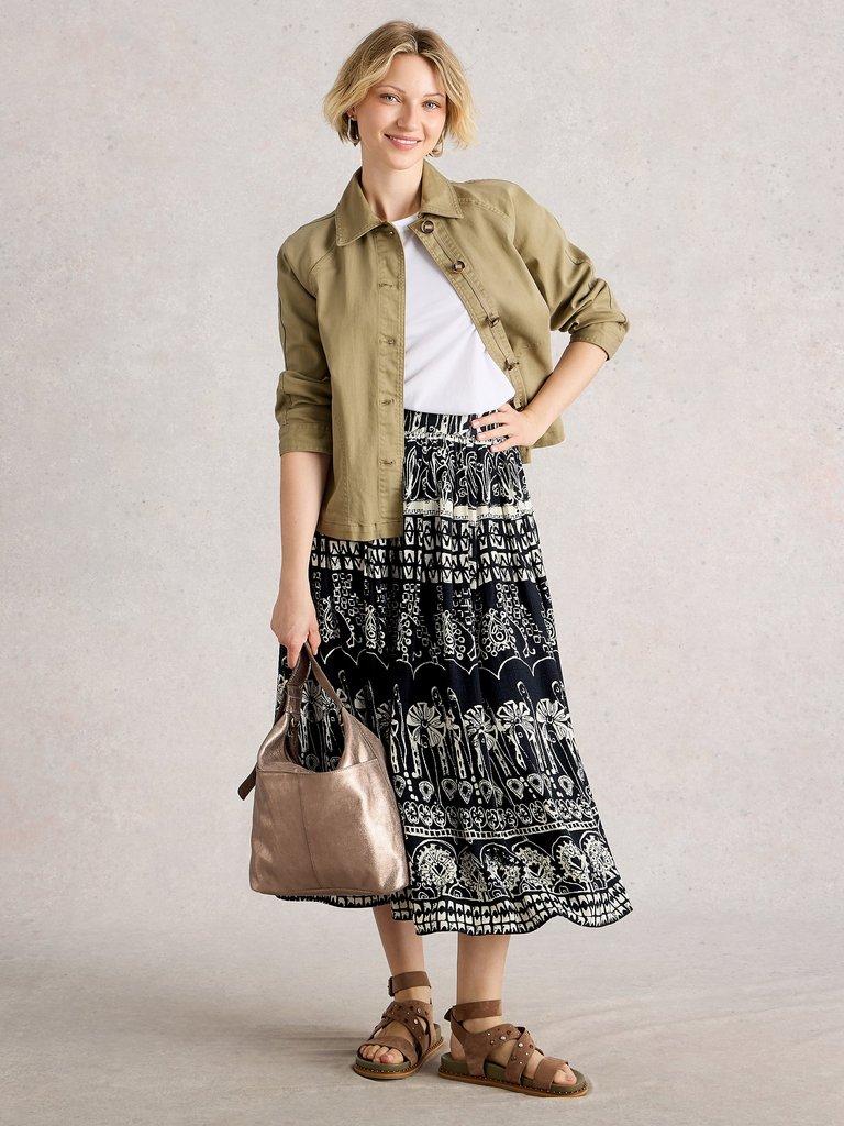 Abigail Printed Midi Skirt in NAVY PR - MODEL FRONT