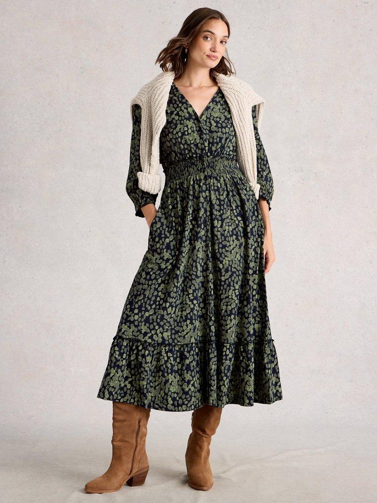 Jonie Shirred Dress in GREEN PR - MODEL FRONT