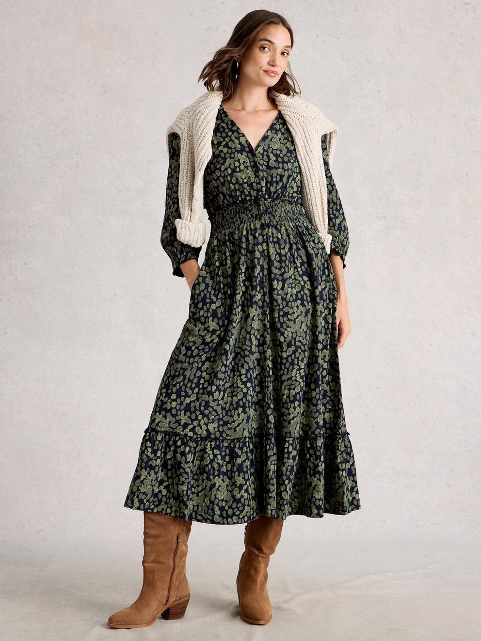 Jonie Shirred Dress in GREEN PR - MODEL FRONT