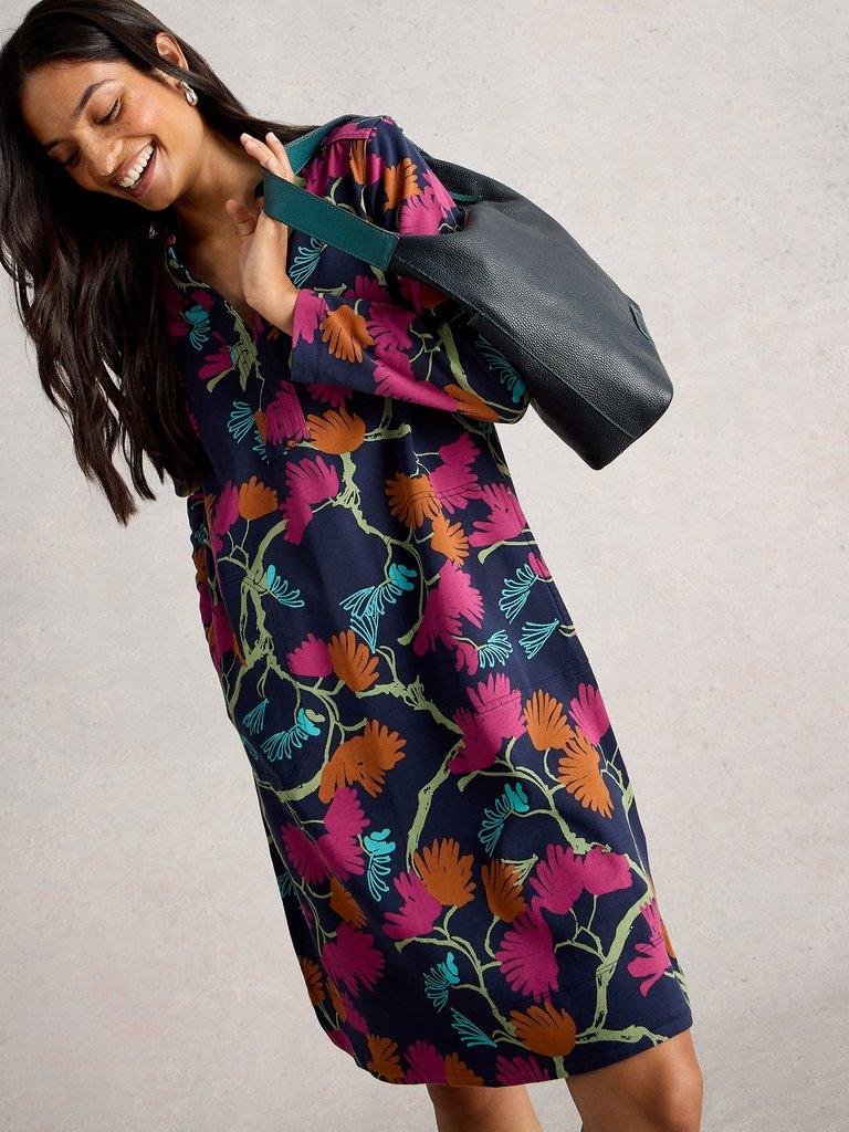 June Dress in NAVY MULTI - MODEL DETAIL