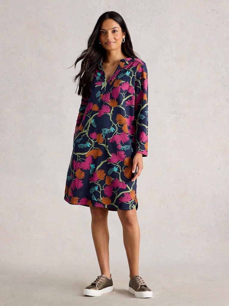 June Dress in NAVY MULTI - MODEL FRONT