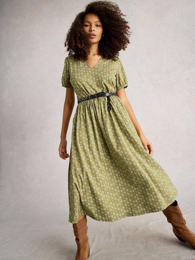 Leah Jersey Notch Neck Midi Dress in GREEN PR - LIFESTYLE