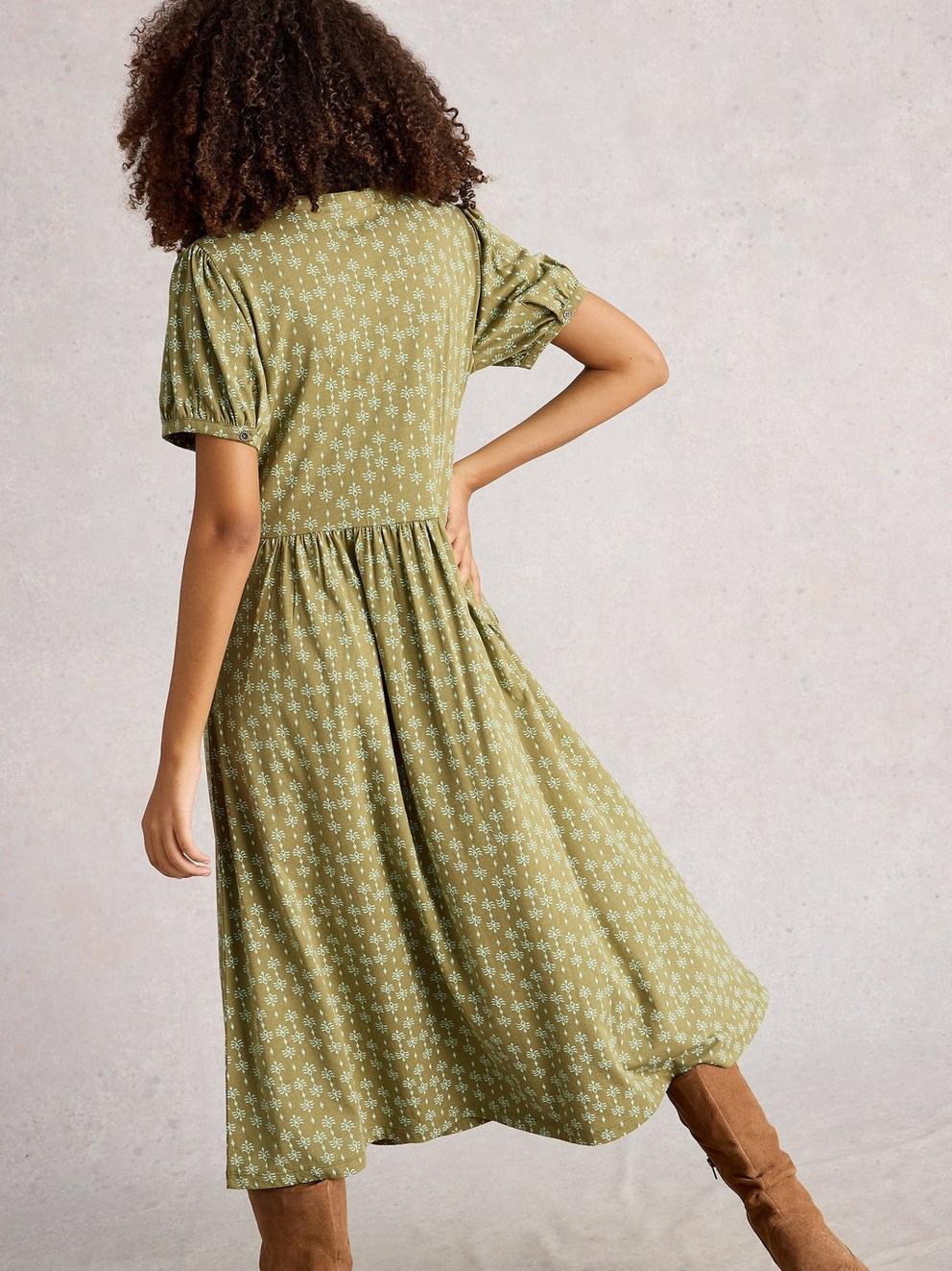 Leah Jersey Notch Neck Midi Dress in GREEN PR - MODEL BACK