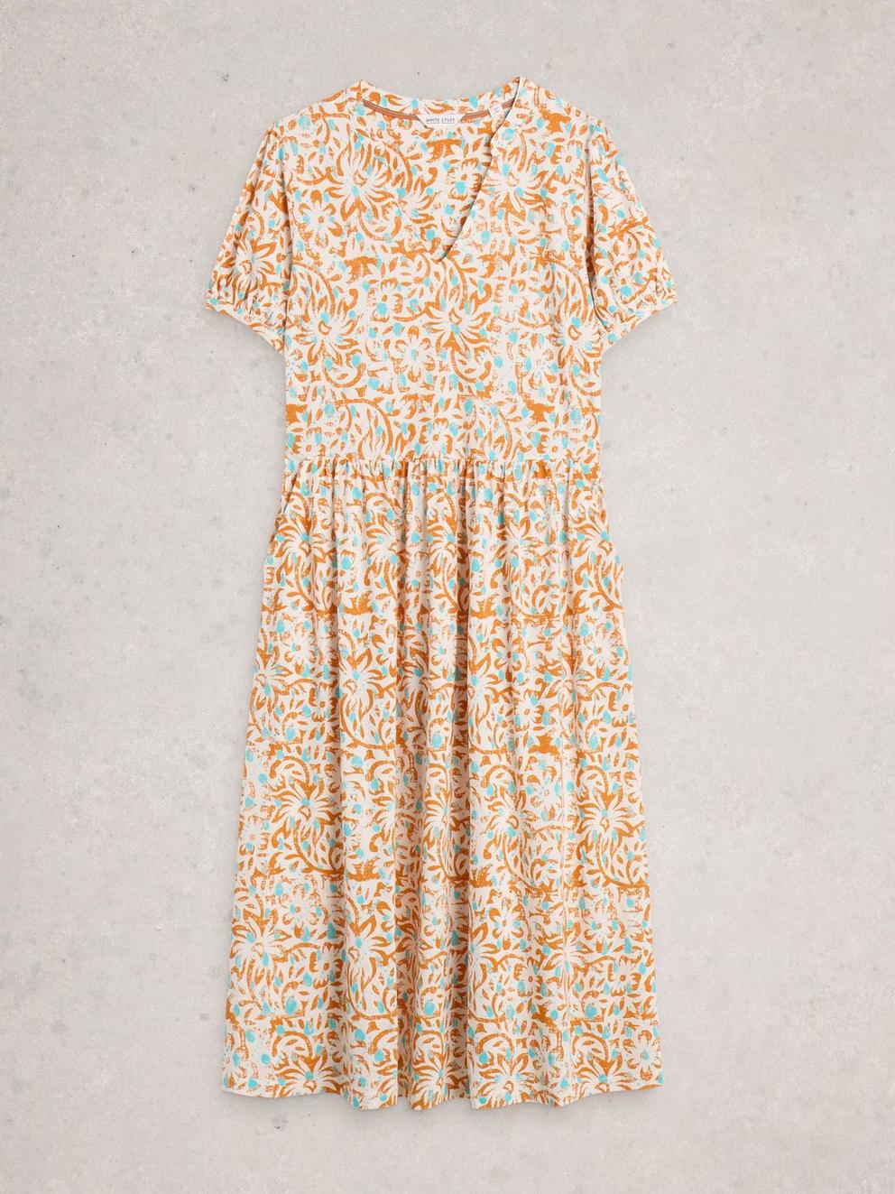 Leah Jersey Notch Neck Midi Dress in WHITE MLT - FLAT FRONT
