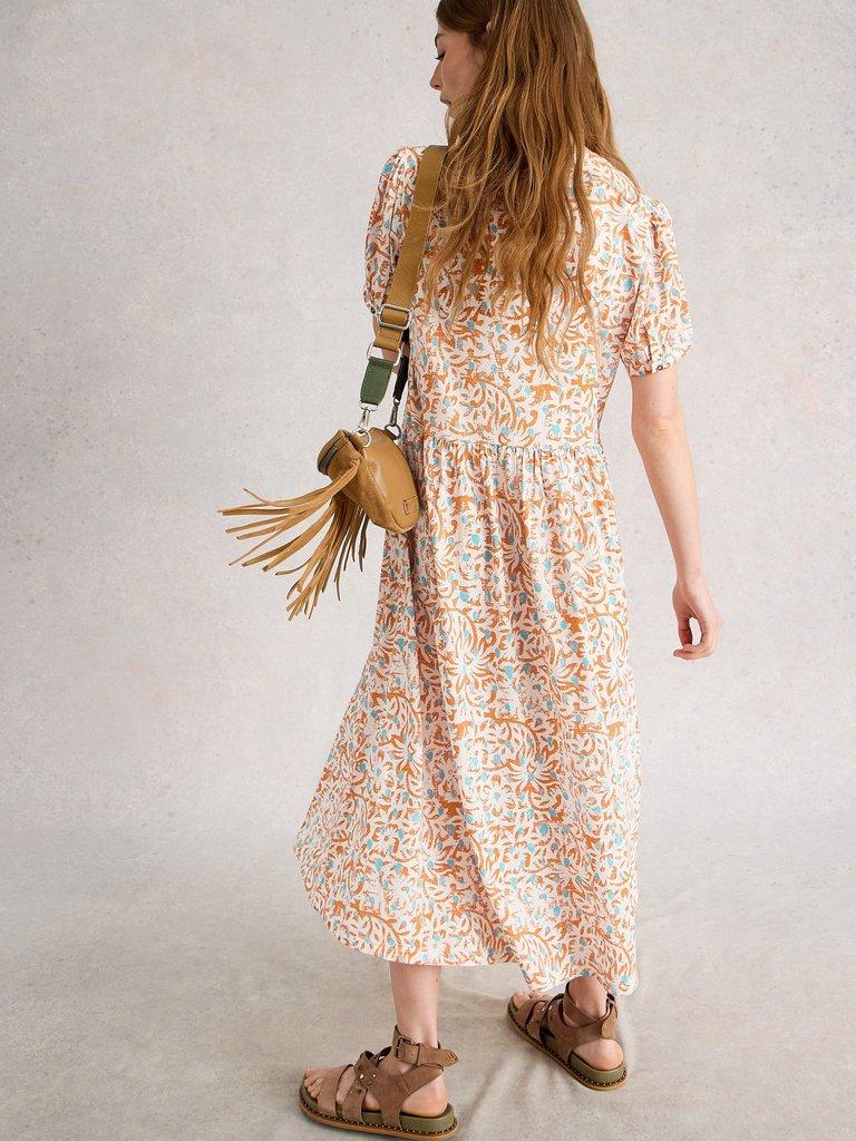 Leah Jersey Notch Neck Midi Dress in WHITE MLT - MODEL BACK