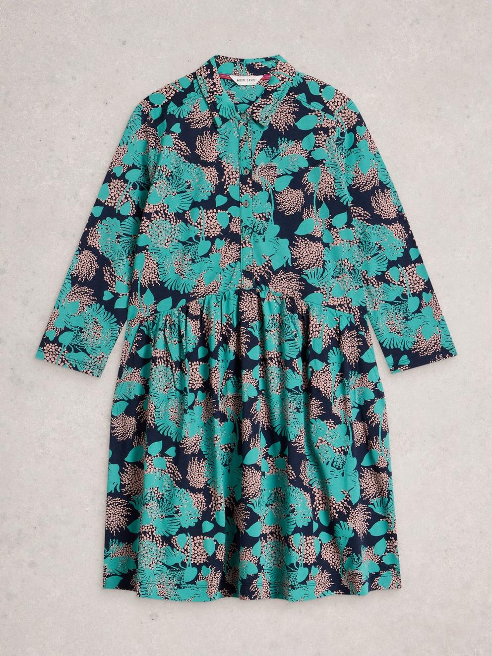 Everly Jersey Collared Dress in NAVY MULTI - FLAT FRONT