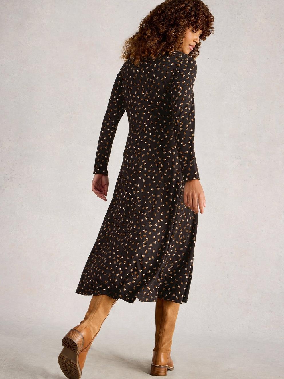 Madeline Jersey Crew Neck Dress in BLK PR - MODEL BACK