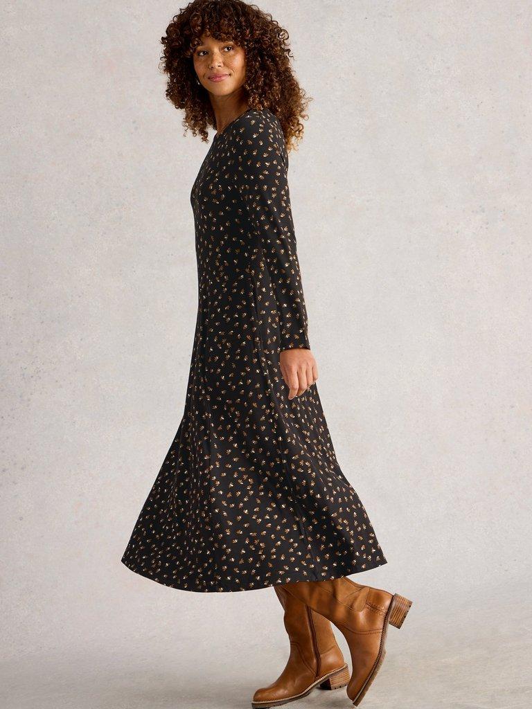 Madeline Jersey Crew Neck Dress in BLK PR - MODEL DETAIL