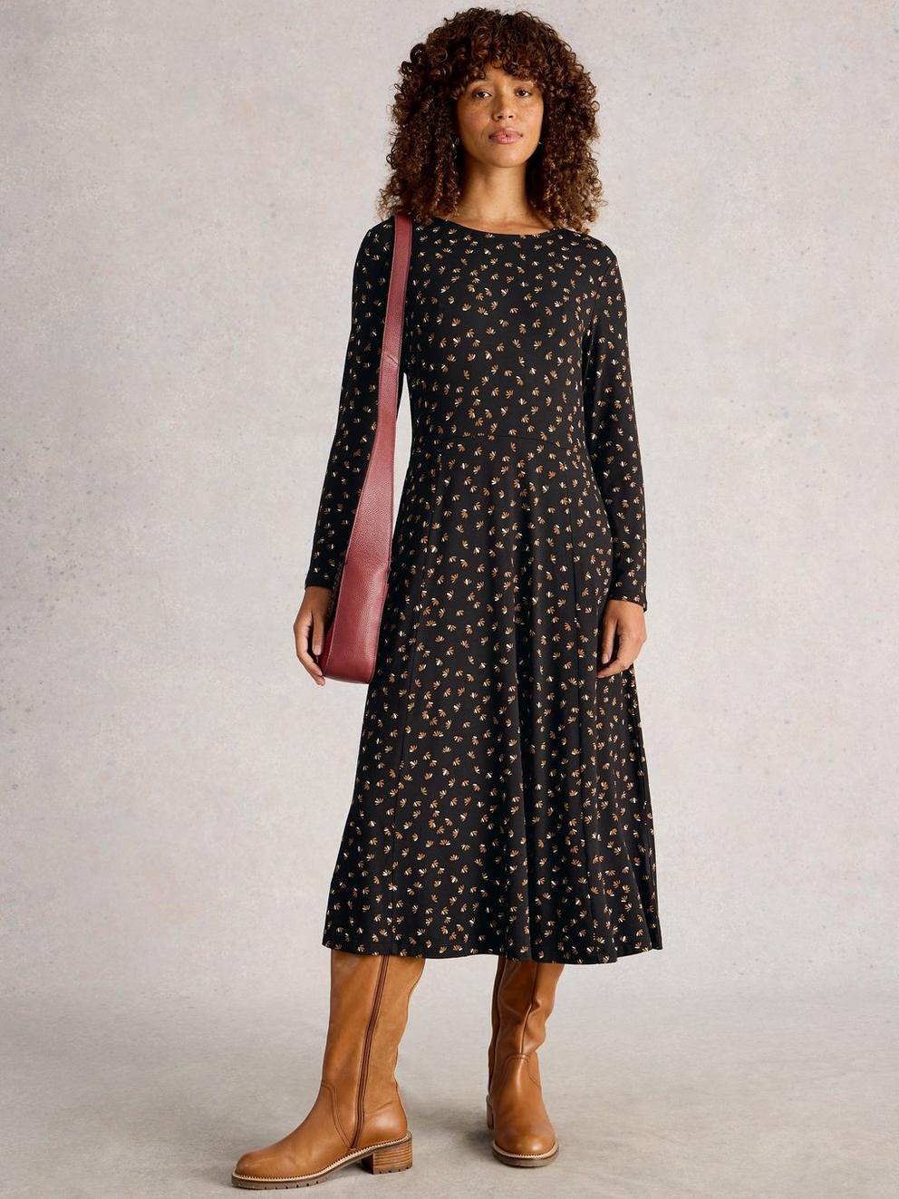 Madeline Jersey Crew Neck Dress in BLK PR - MODEL FRONT