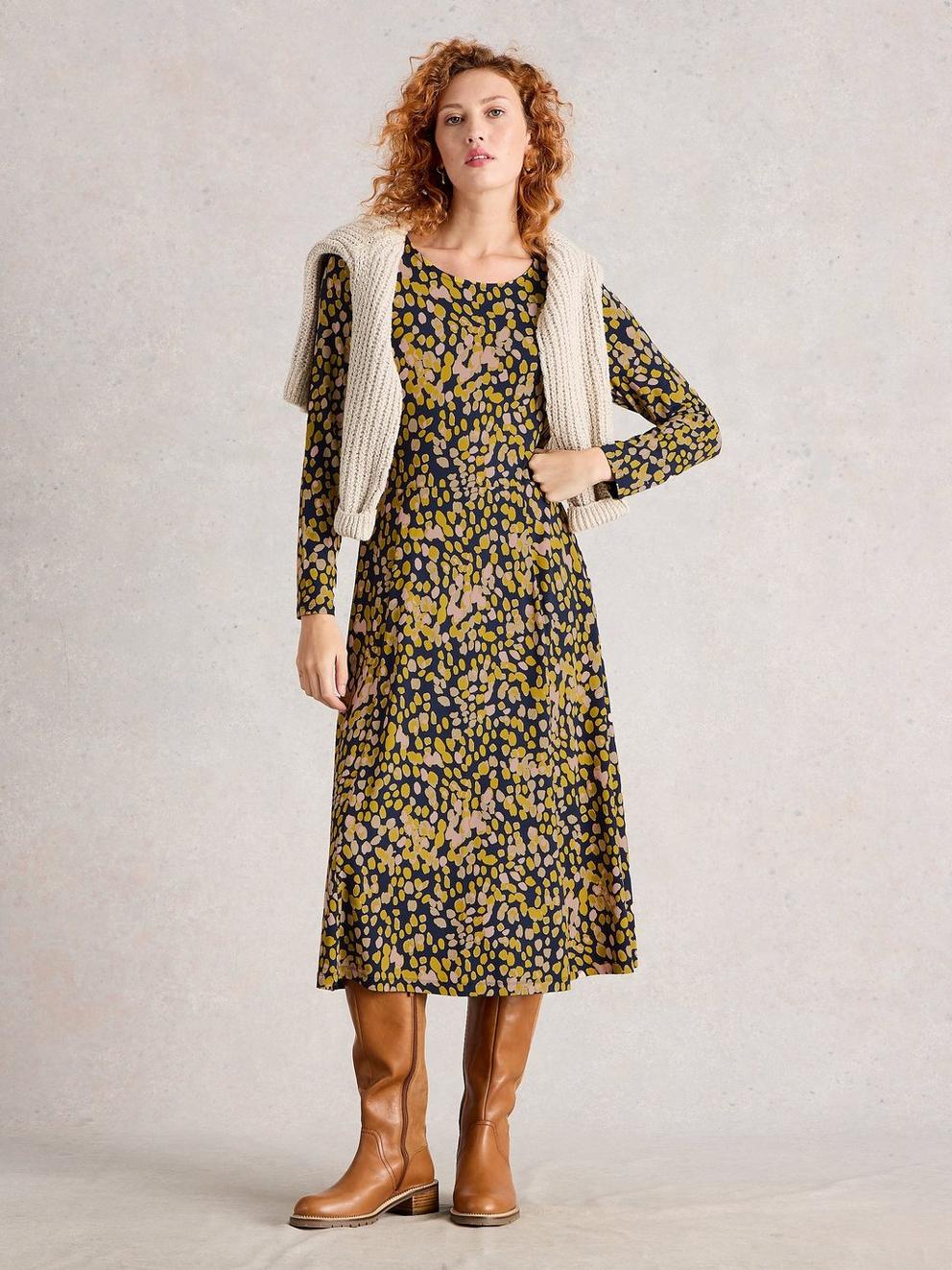 Madeline Jersey Crew Neck Dress in CHART MLT - MODEL FRONT
