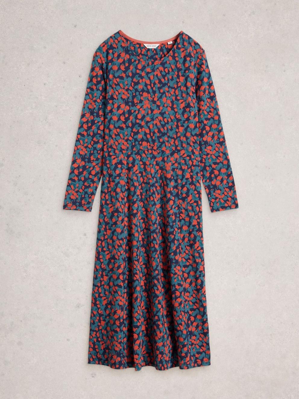 Madeline Jersey Crew Neck Dress in NAVY MULTI - FLAT FRONT