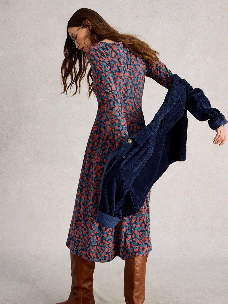 Madeline Jersey Crew Neck Dress in NAVY MULTI - MODEL BACK