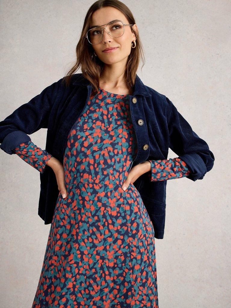 Madeline Jersey Crew Neck Dress in NAVY MULTI - MODEL DETAIL