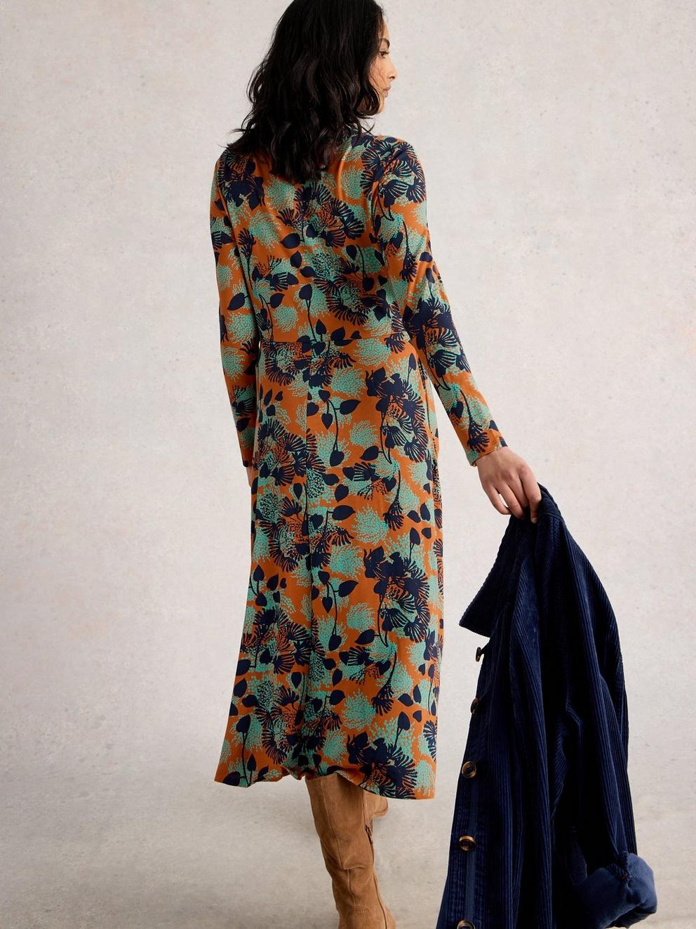 Madeline Jersey Crew Neck Dress in ORANGE MLT - MODEL BACK