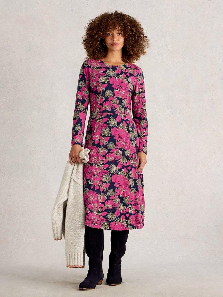 Madeline Jersey Crew Neck Dress in PINK MLT - MODEL FRONT