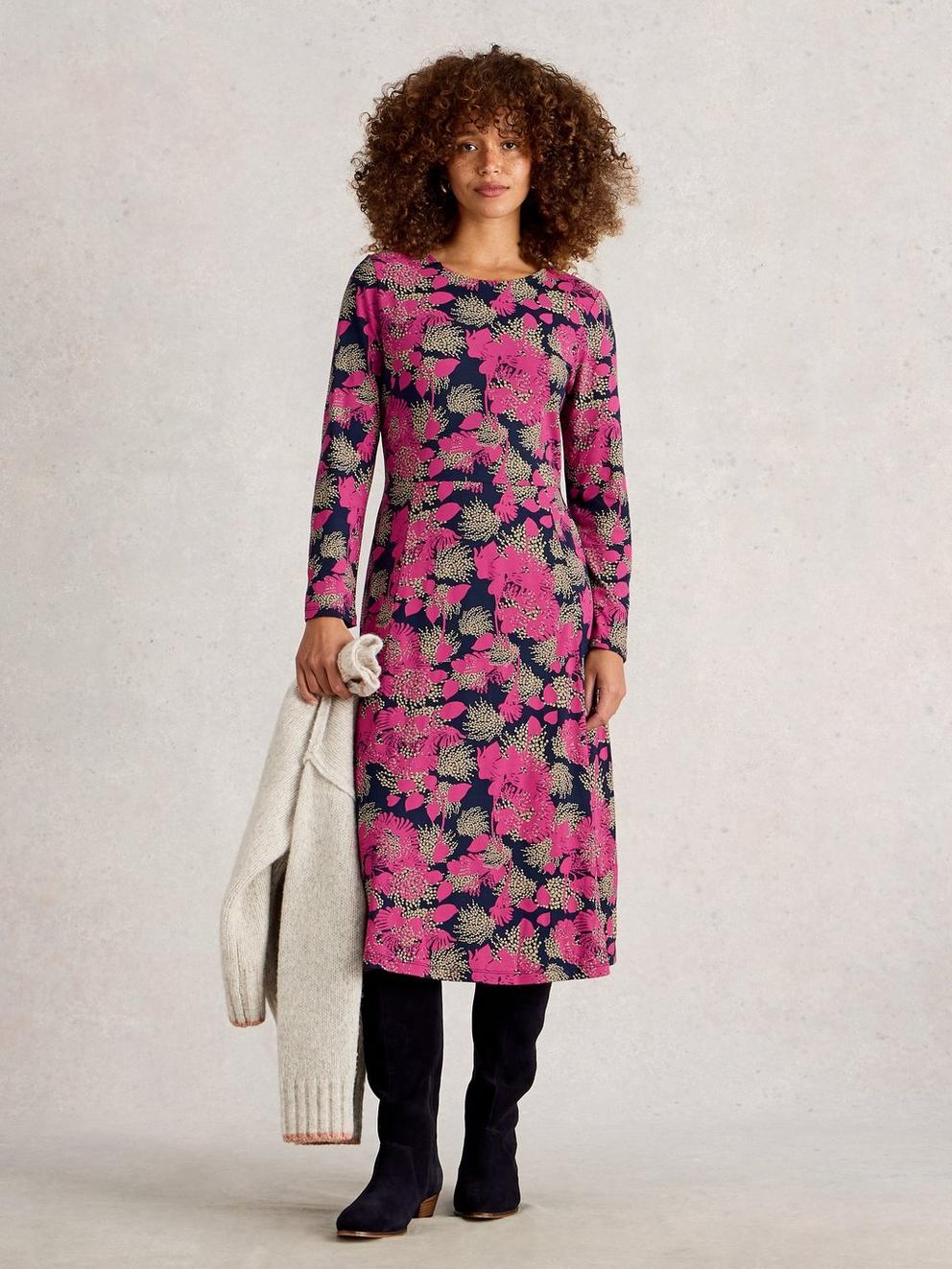 Madeline Jersey Crew Neck Dress in PINK MLT - MODEL FRONT