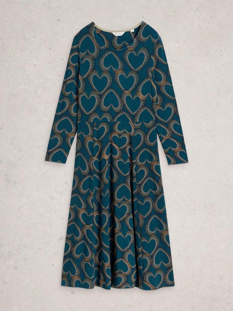 Madeline Jersey Crew Neck Dress in TEAL MLT - FLAT FRONT