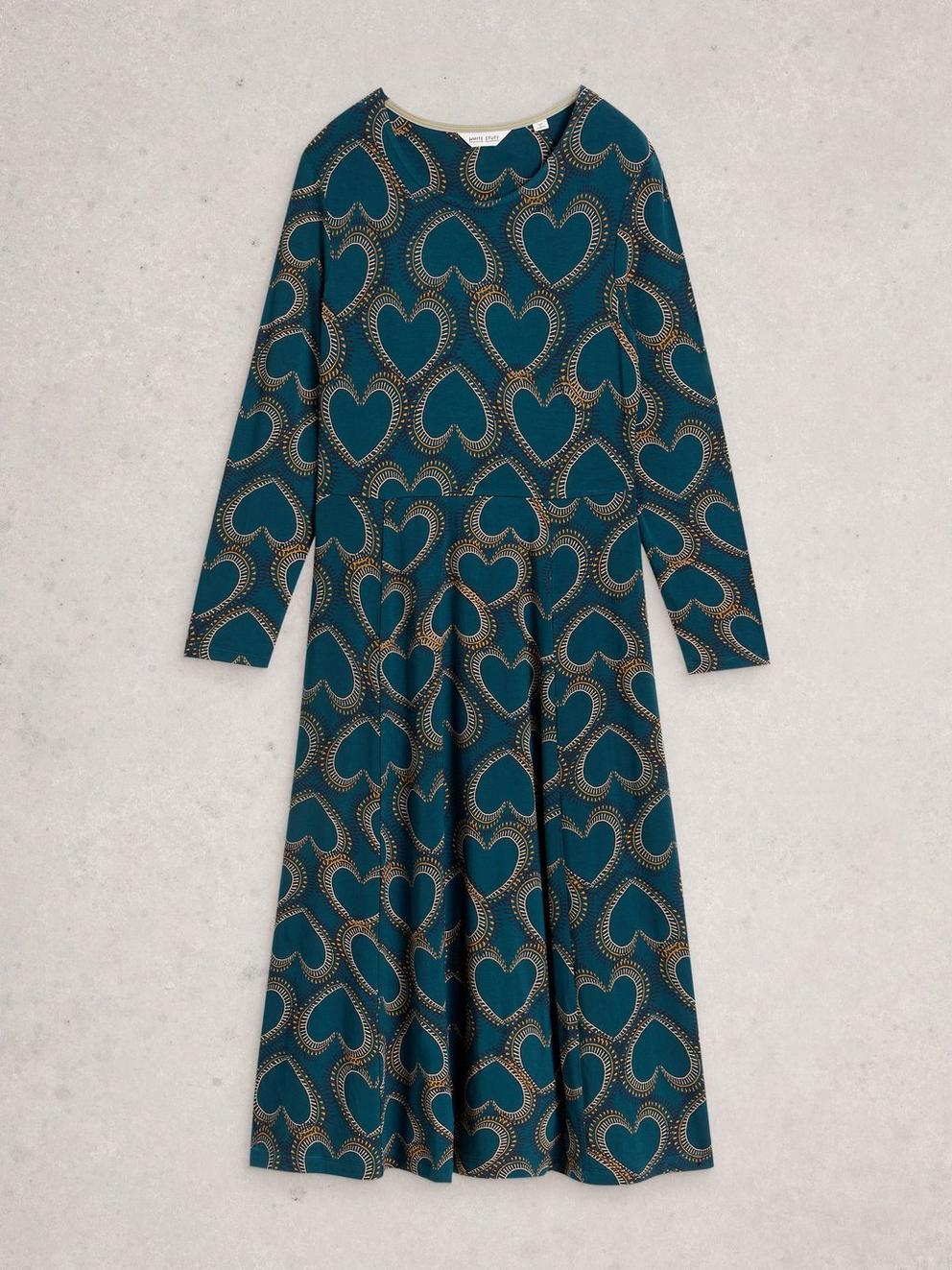 Madeline Jersey Crew Neck Dress in TEAL MLT - FLAT FRONT