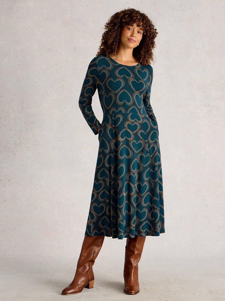 Madeline Jersey Crew Neck Dress in TEAL MLT - MODEL FRONT