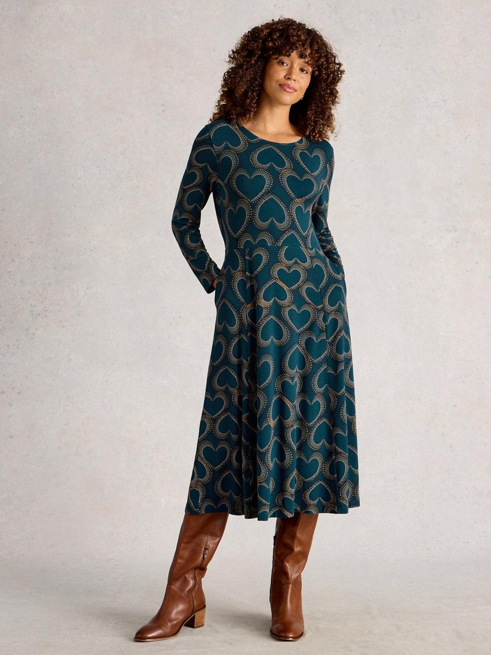 Madeline Jersey Crew Neck Dress in TEAL MLT - MODEL FRONT