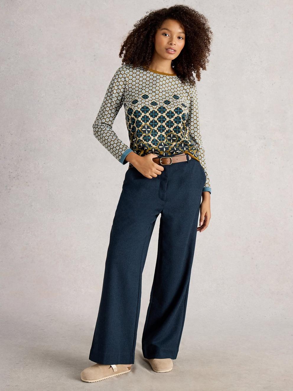Belle Wide Leg Tweedy Trousers in NAVY MULTI - MODEL FRONT