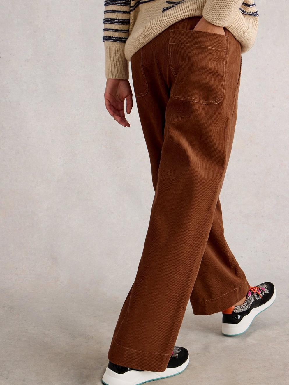 Clara Cord Wide Leg Trouser in DARK TAN - MODEL BACK