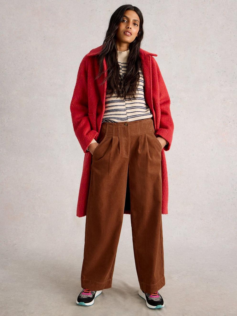 Clara Cord Wide Leg Trouser in DARK TAN - MODEL FRONT