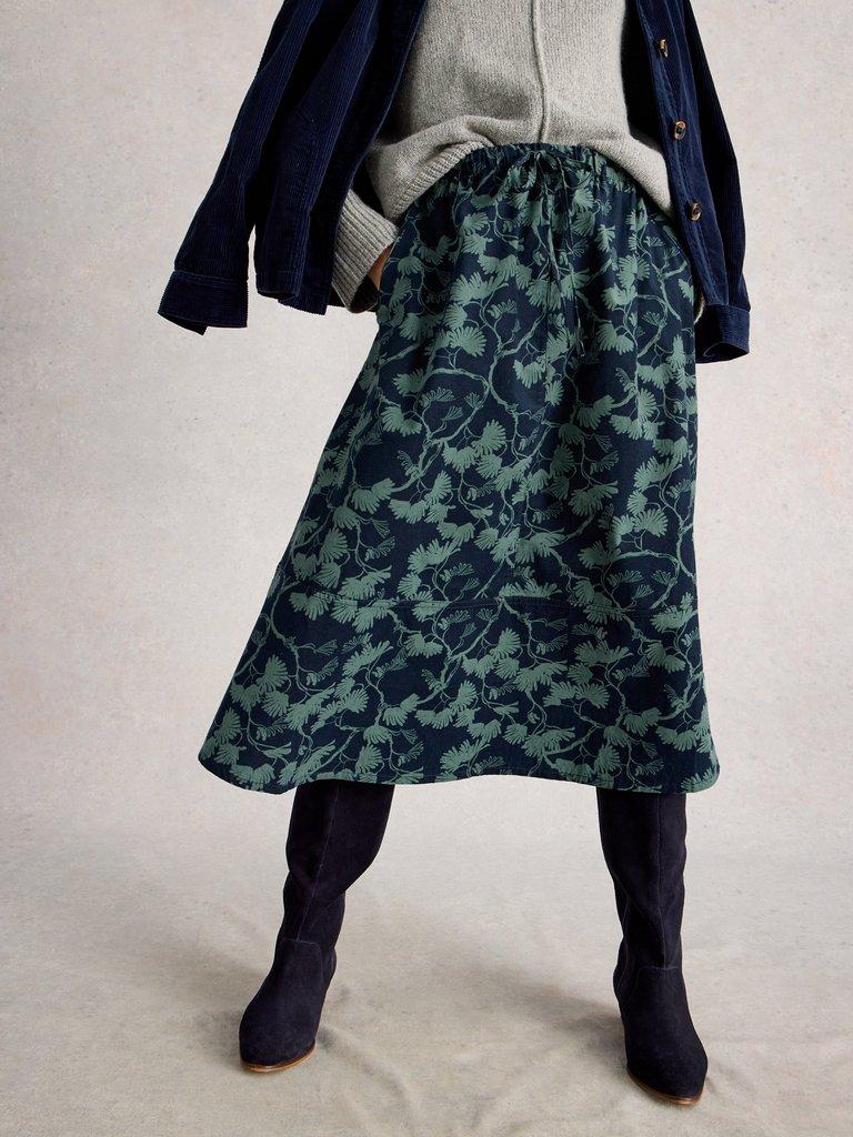 Tilly Cord Midi Skirt in NAVY PR - MODEL FRONT