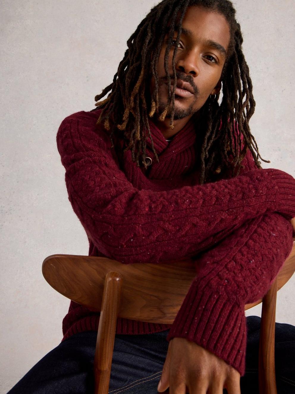 Berkley Shawl Neck in DK RED - LIFESTYLE