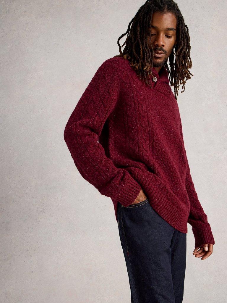 Berkley Shawl Neck in DK RED - MODEL DETAIL