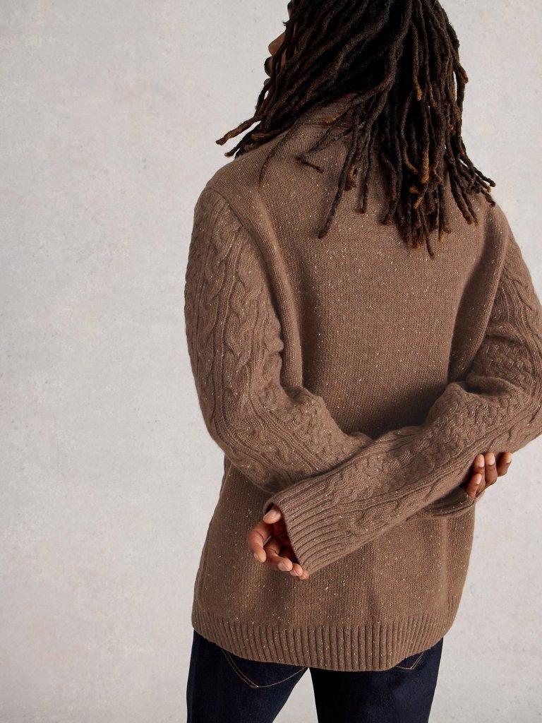 Berkley Shawl Neck in MID BROWN - MODEL BACK