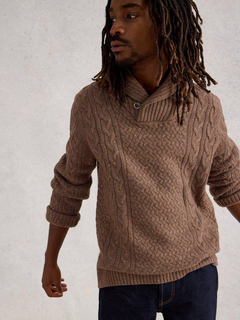 Berkley Shawl Neck in MID BROWN - MODEL DETAIL