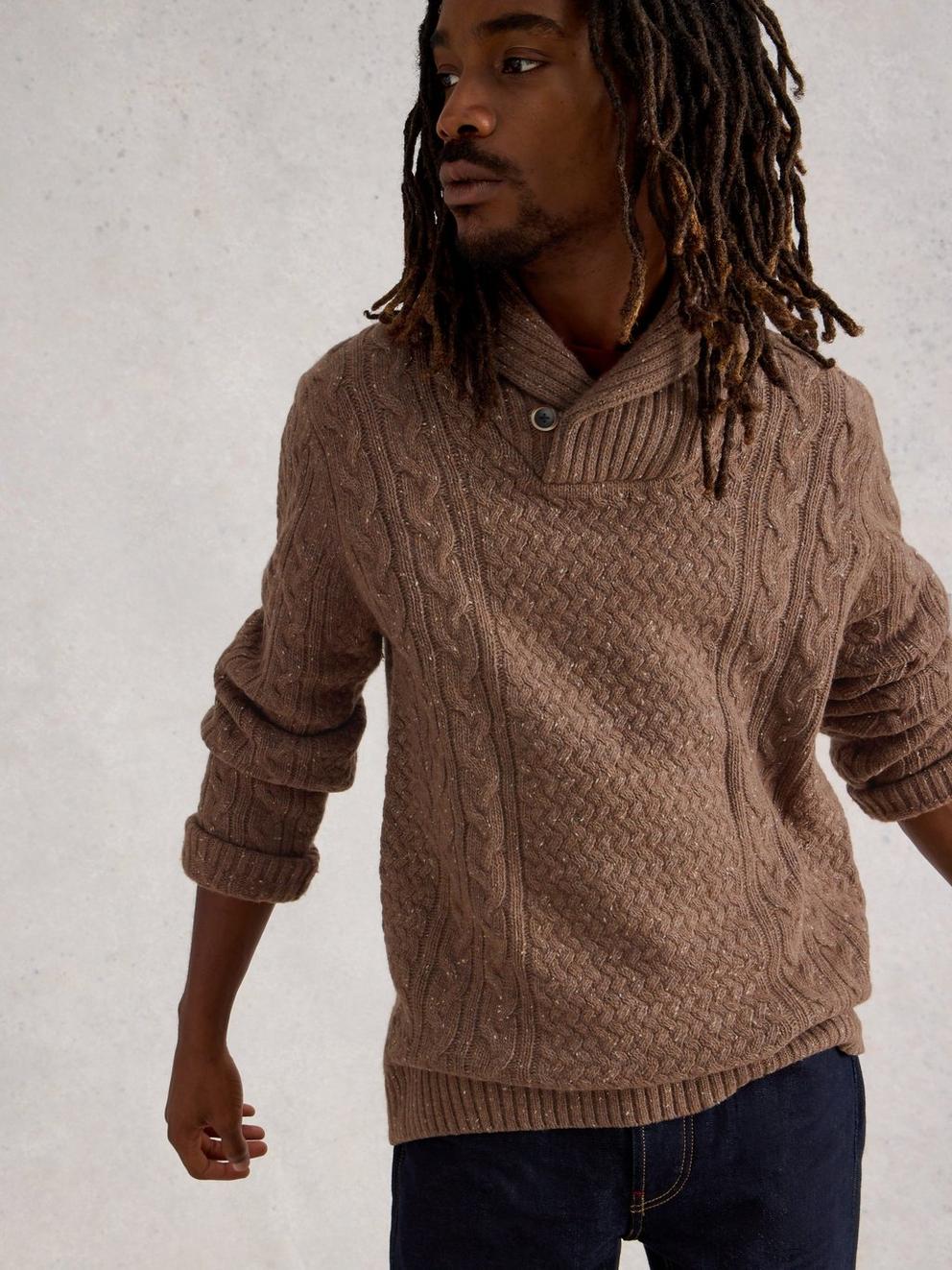 Berkley Shawl Neck in MID BROWN - MODEL DETAIL