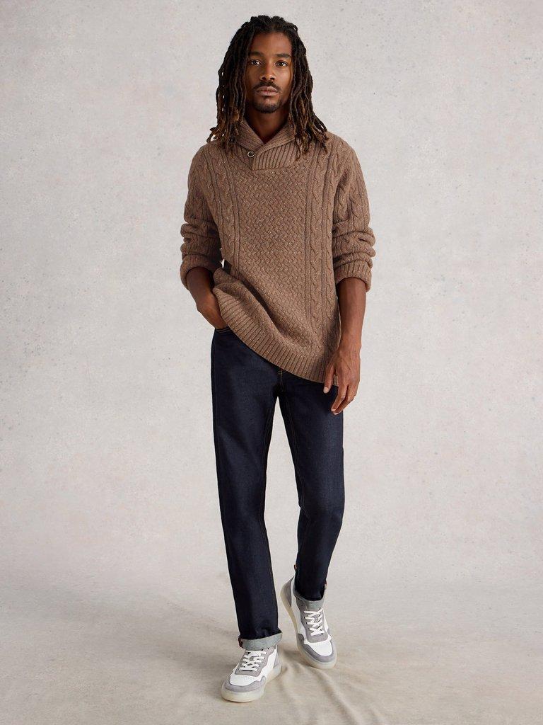 Berkley Shawl Neck in MID BROWN - MODEL FRONT