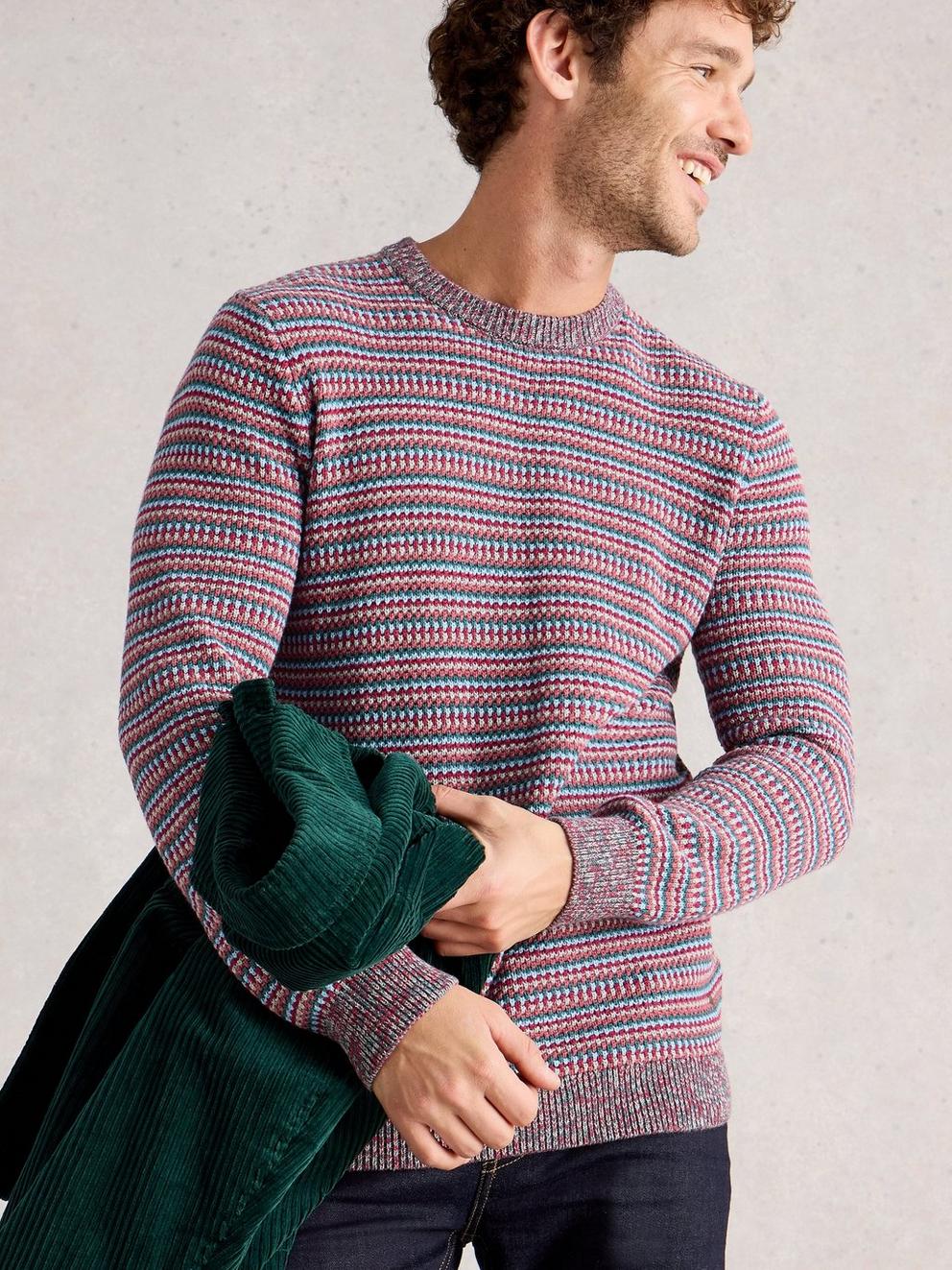 Textured Stripe Crew Neck in PINK MLT - LIFESTYLE