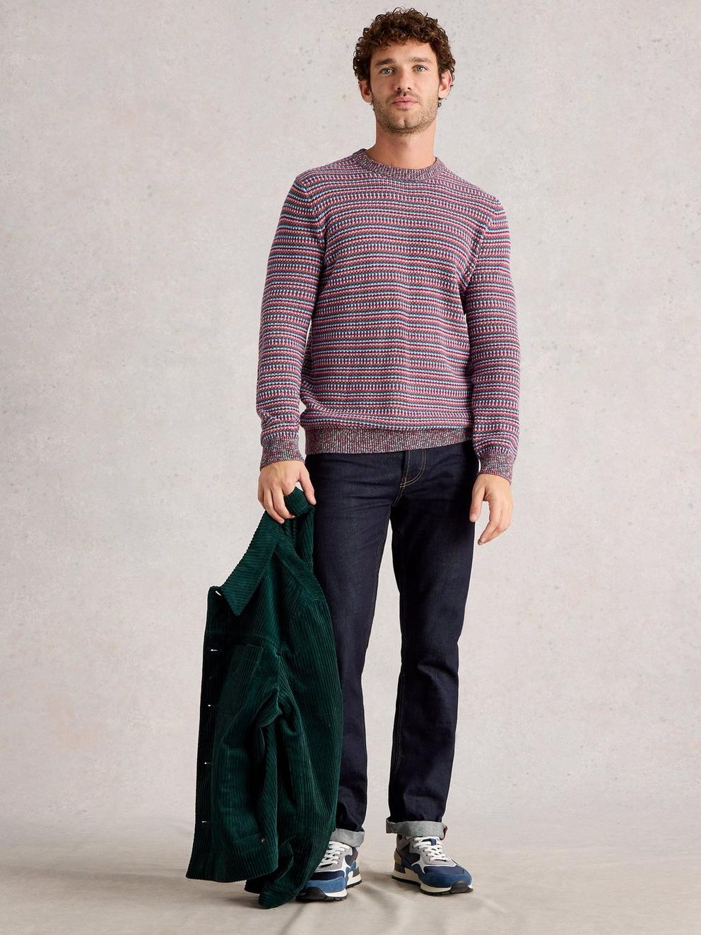 Textured Stripe Crew Neck in PINK MLT - MODEL FRONT