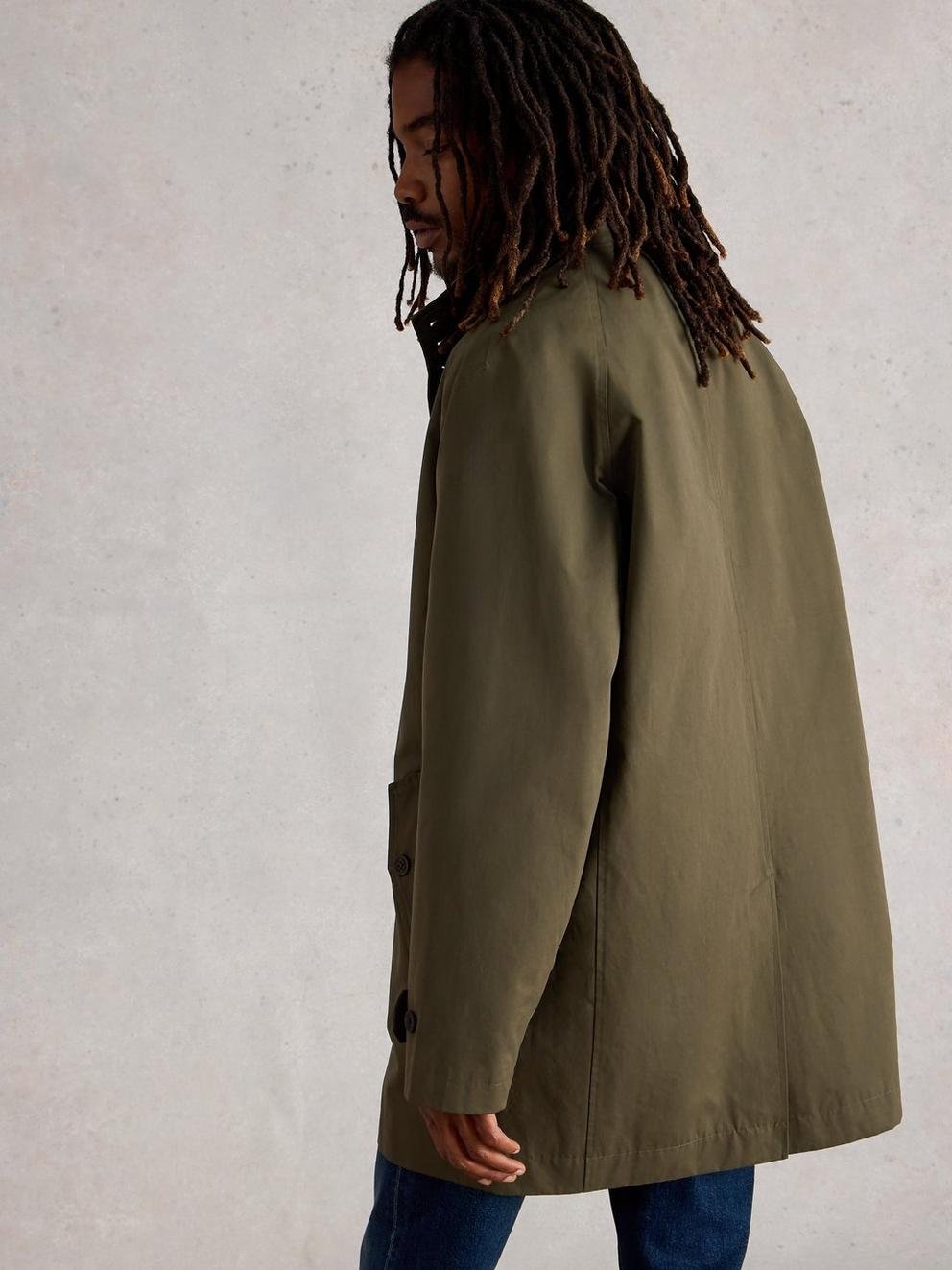 Commuter Funnel Neck Mac in KHAKI GRN - MODEL BACK